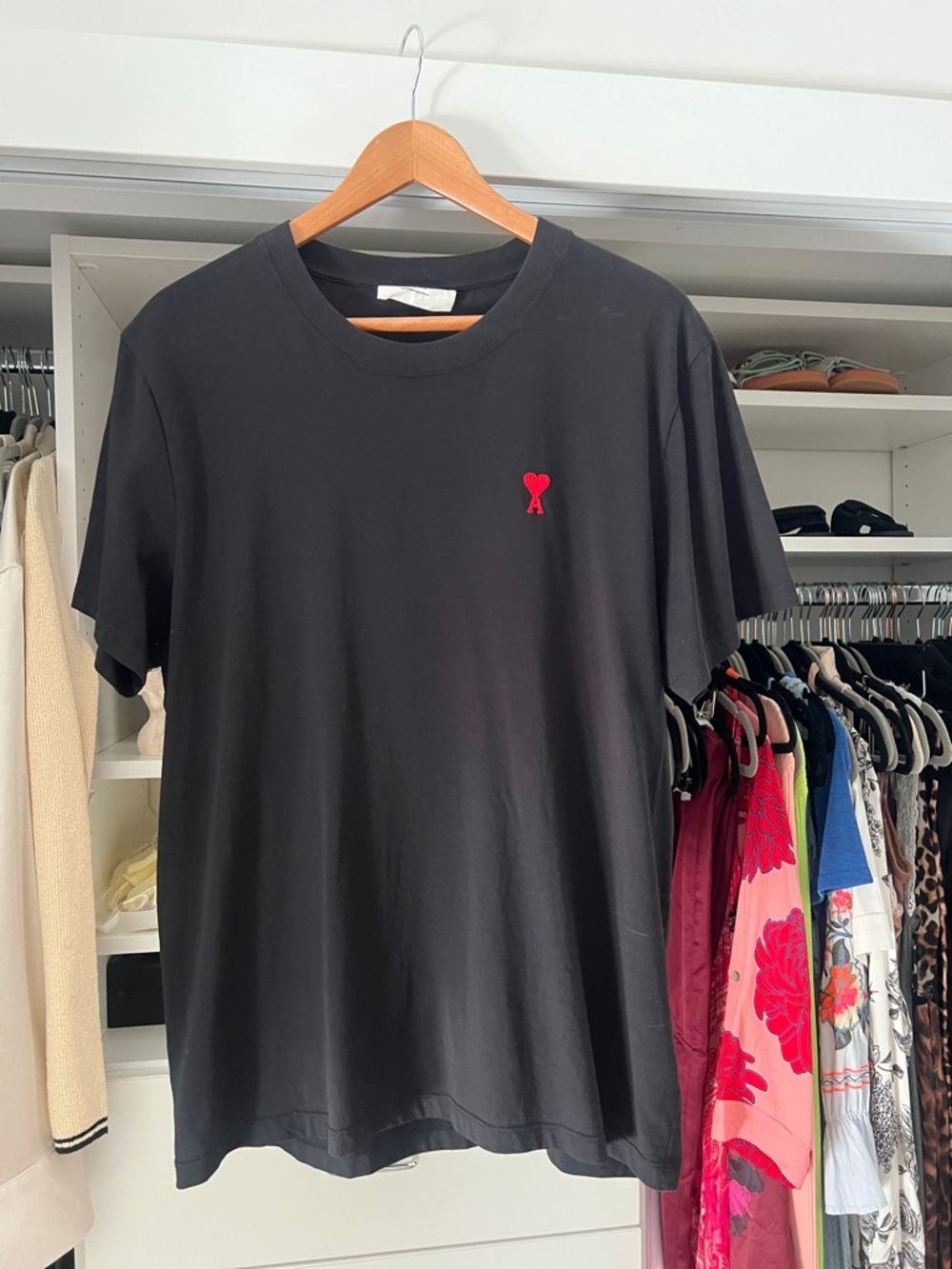 Ami Black Short-Sleeve Tee with Red Heart Logo